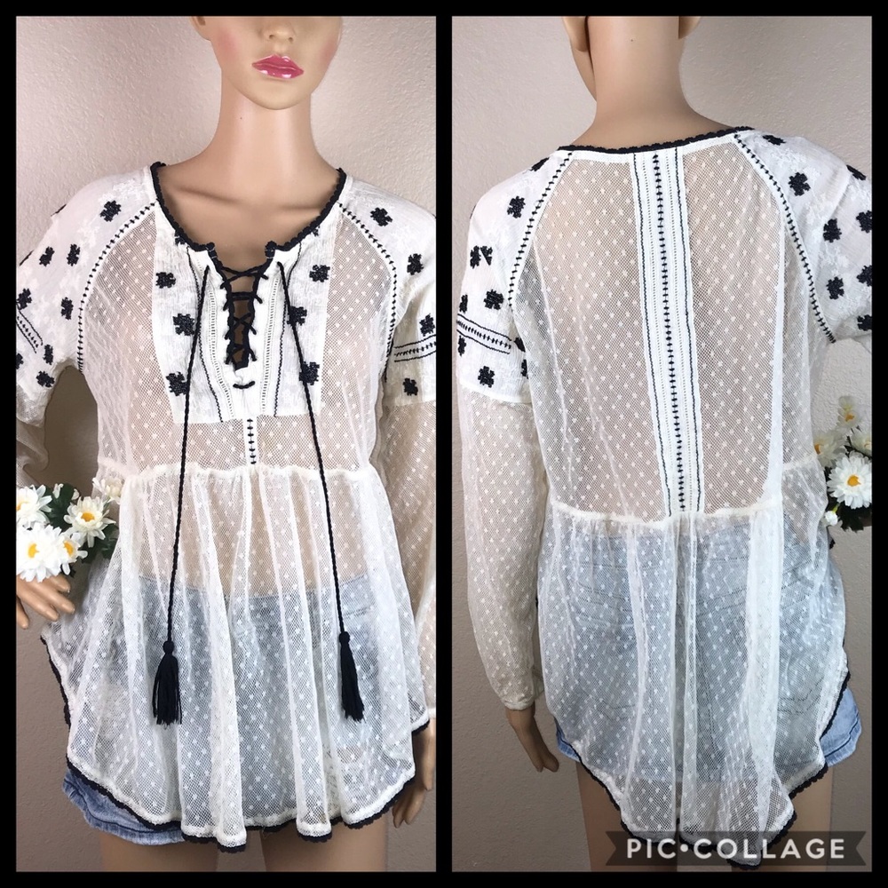Free People Embroidered Gauzy Peasant Top Stardust - Picture 2 of 8